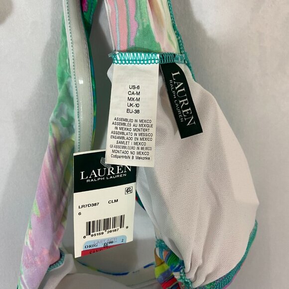Lauren Ralph Lauren Bikini Top Size 6 Coral Print Padded with Center Ring NWT - Picture 3 of 4